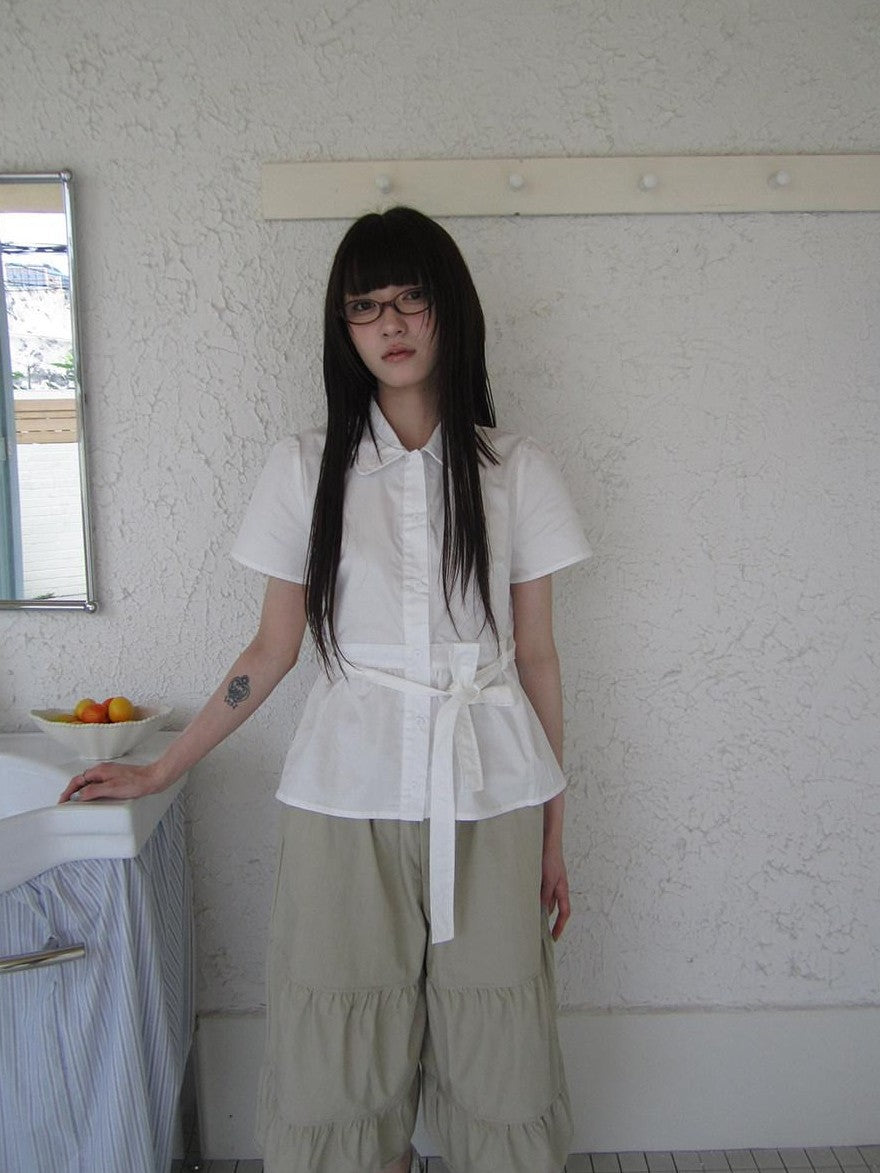 ang project Korean Turn Down Collar Single Button Tie Waist Women&