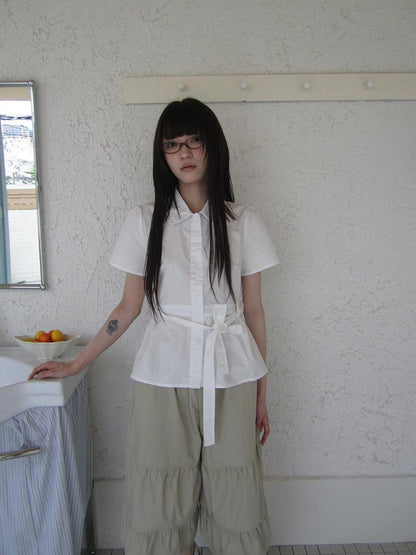 ang project Korean Turn Down Collar Single Button Tie Waist Women&