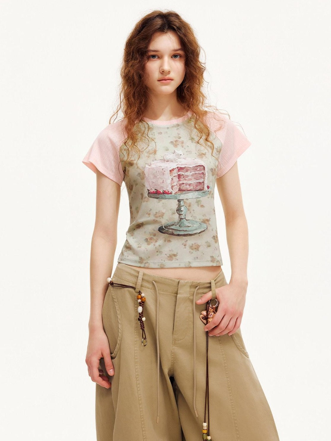 OuttheBlue Pink Textured Patchwork Raglan Food Print Women&
