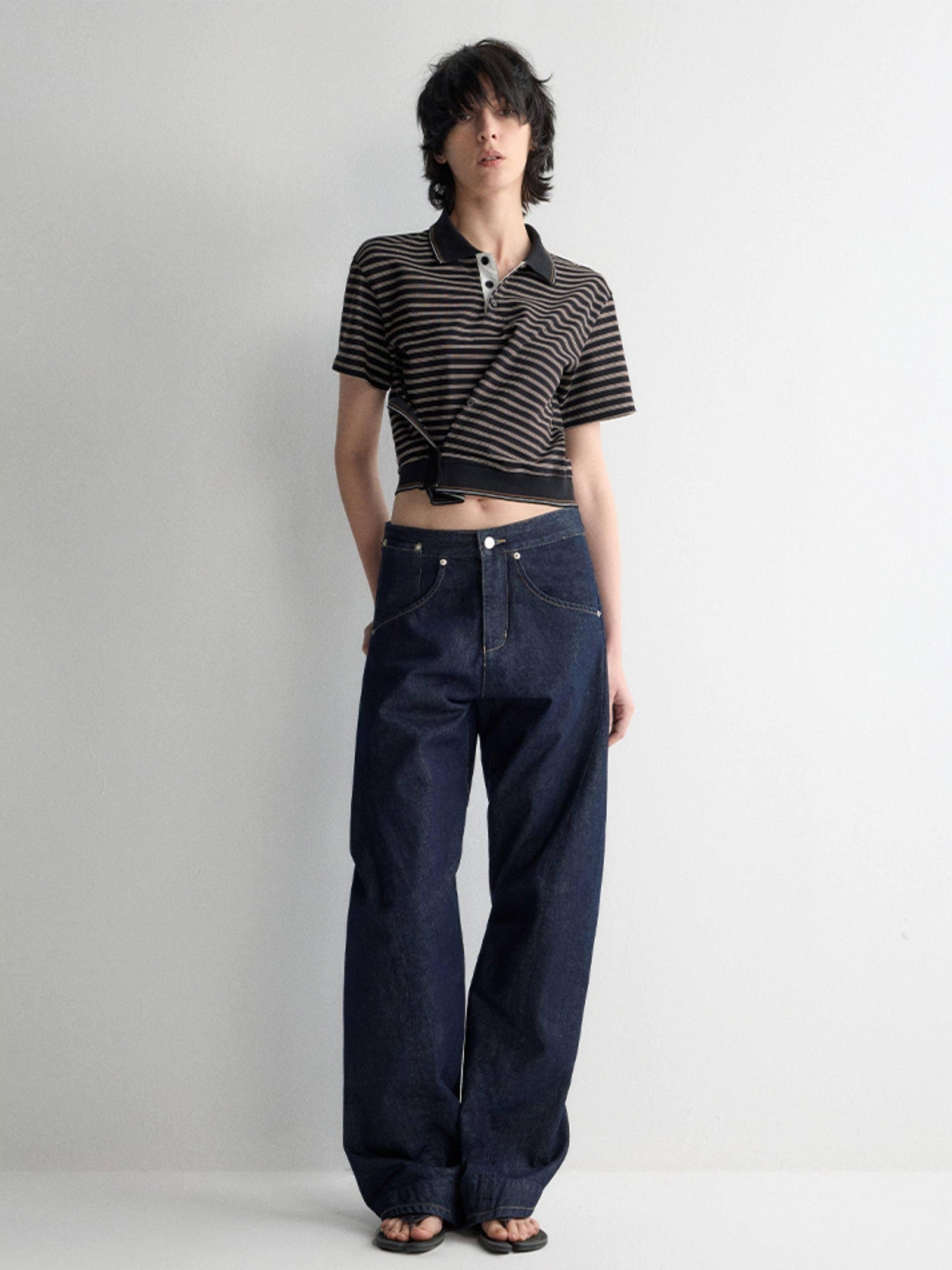 RUN TO THE FUTURE Breathable Cotton Slim Fit Asymmetric Henley Striped Low Waist Women Crop Tops