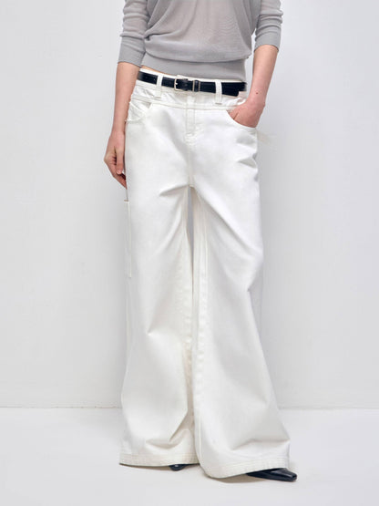 RUN TO THE FUTURE Low Rise 96 Percent Cotton Casual Loose Fit White Denim Wide-Leg Jeans