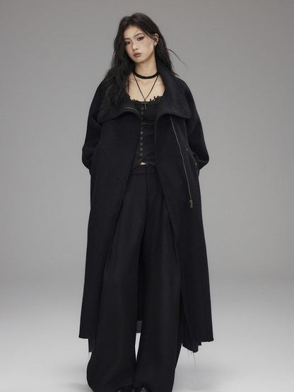 Low pixel Thick Wool Blend Oversized Streetwear European Long Zip Lapel Black Wool Coats
