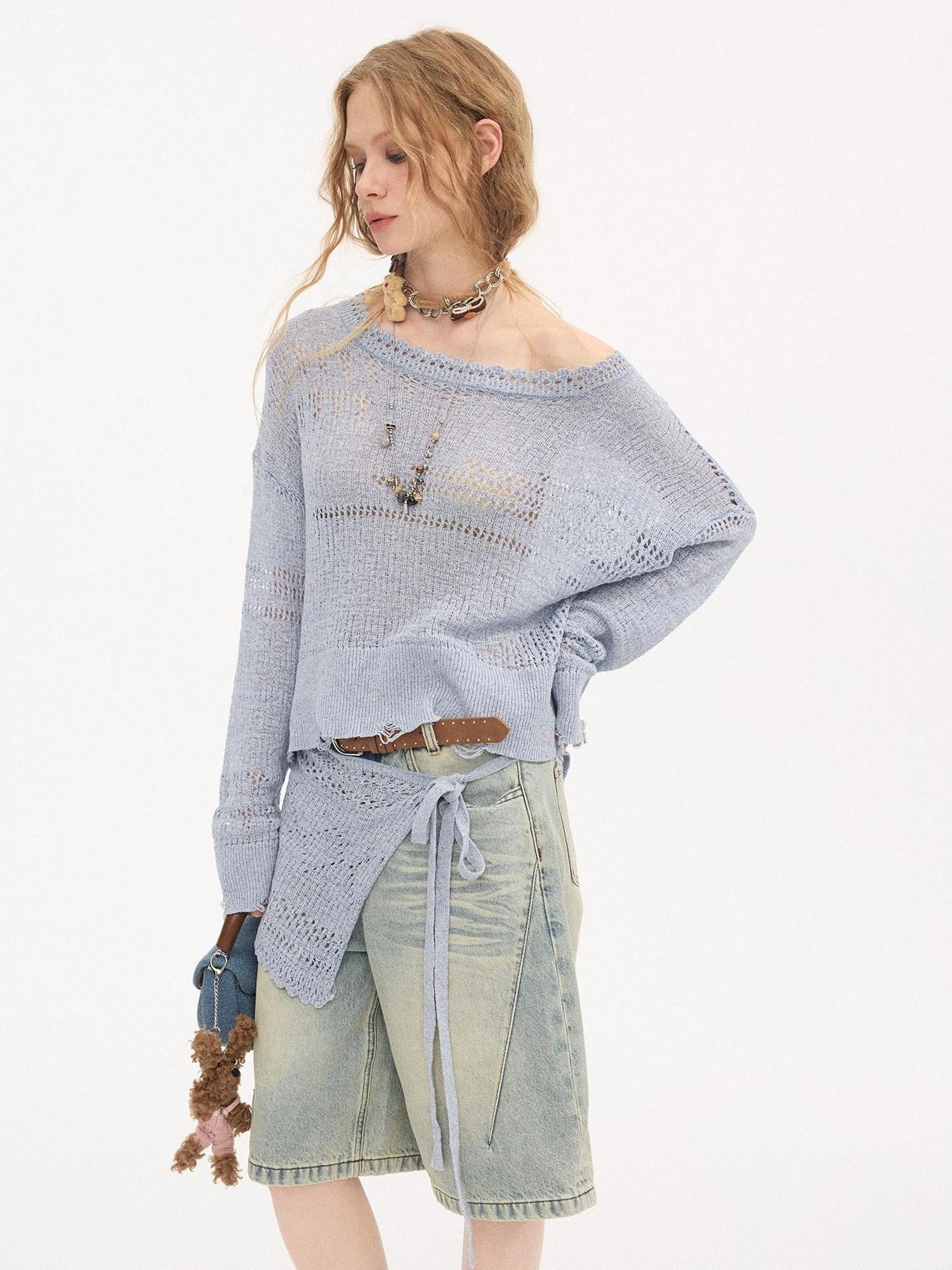 DIDDI MODA Mist Blue Asymmetrical One Shoulder Knit Women&