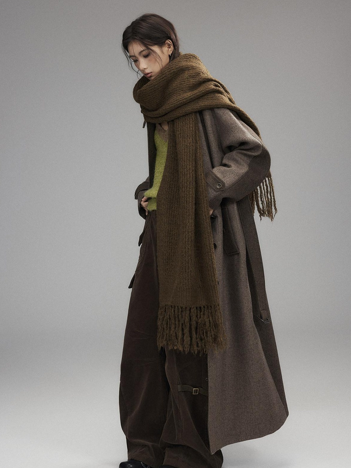 Low pixel Wool Blend Thick Colorblock Oversized Stand Collar Single Breasted Wool Coats