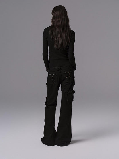 Low pixel Waist Cinched Gothic Slim V-neck Black Women Pullover Cropped Jackets
