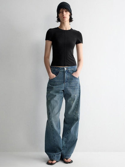 RUN TO THE FUTURE Ripped Washed Durable Low Rise Relaxed Fit Vintage Blue Wide-Leg Jeans