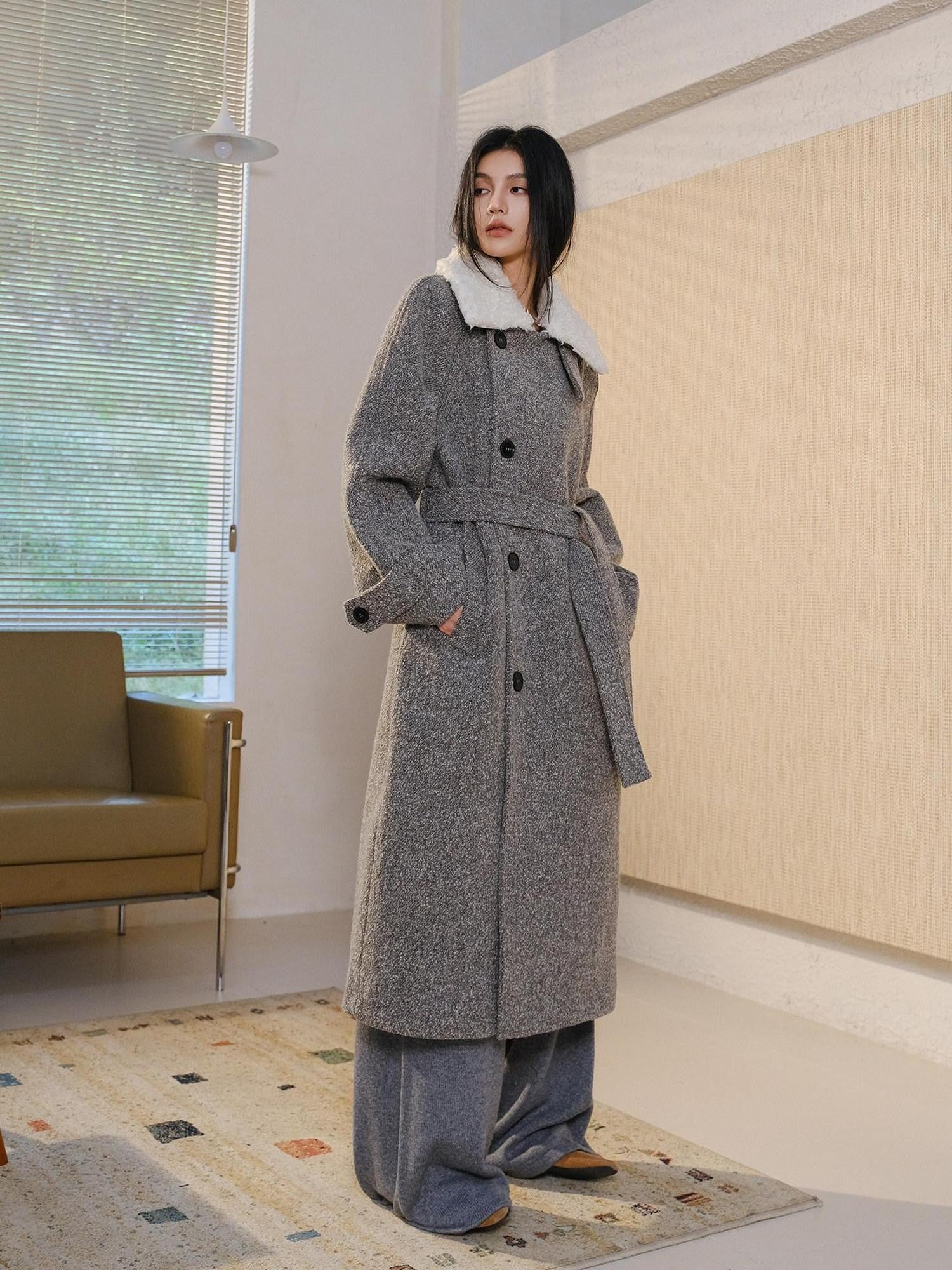 FU FRESH UP Minimalist Detachable Fur Collar Button Tie Women&