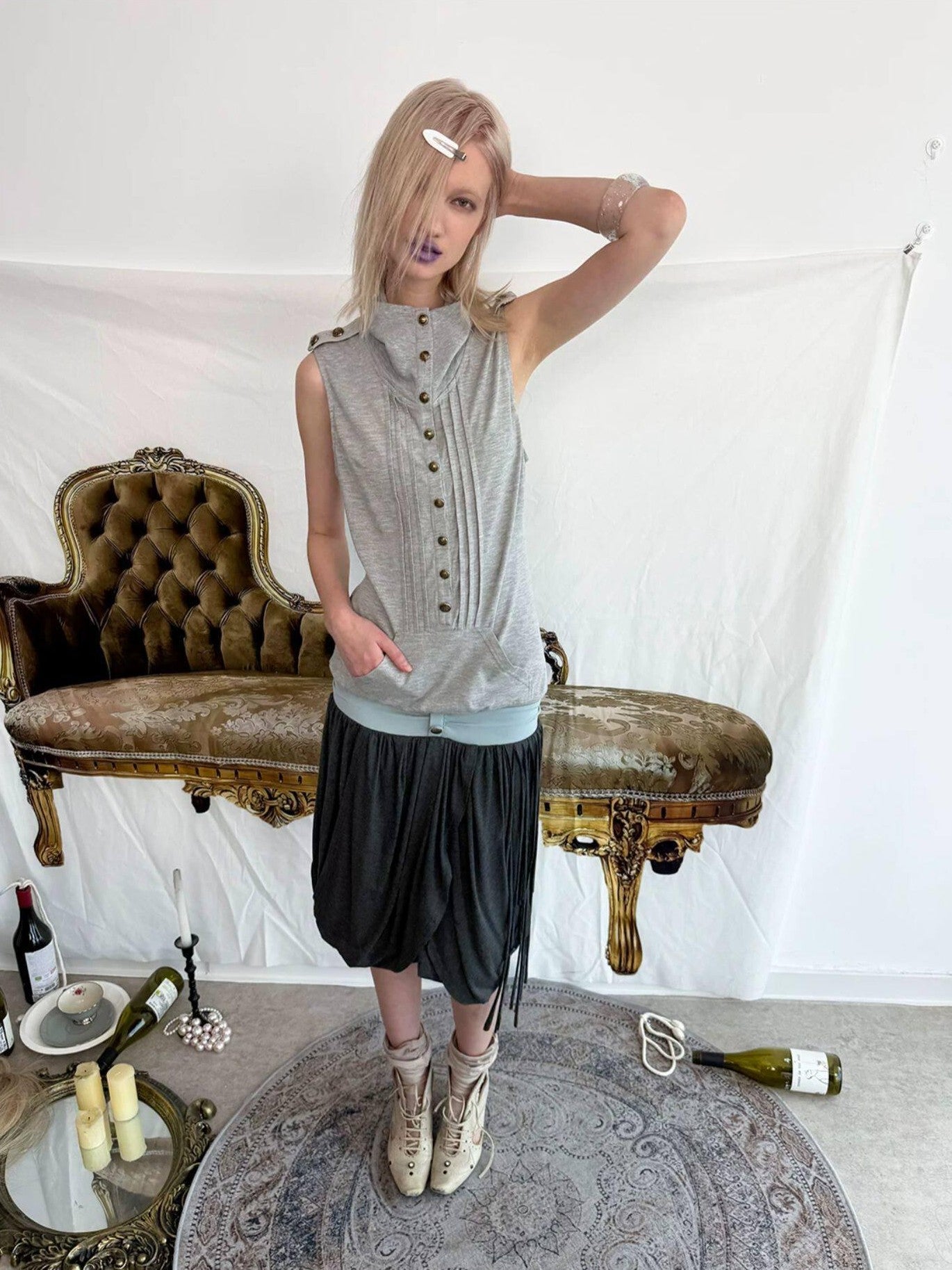 DoublePunch Metal Button Epaulet Convertible Half High Neck Women&