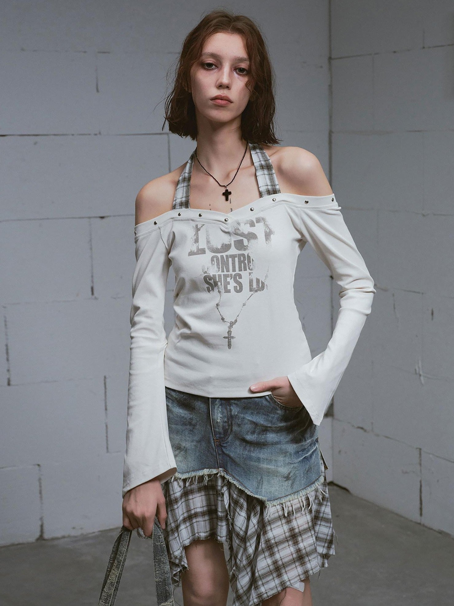 Cest Nous Washed Deconstructed Plaid Patchwork Asymmetric Women&