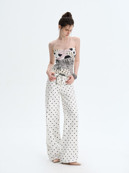 The NeverMore White Polka Dot V Waist Loose Fit Button Fly Women Denim Straight Leg Jeans