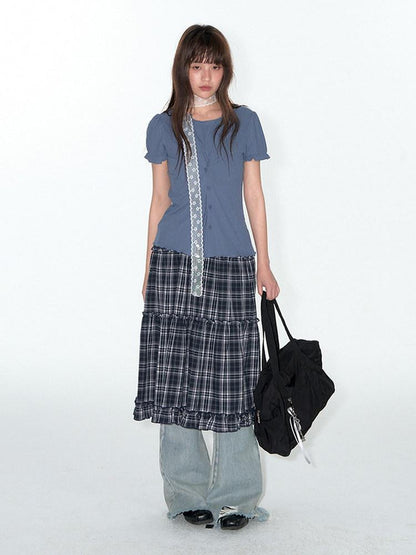 NAPSNAPS Blue Plaid Ruffle Hem High Waist Pleated Patchwork Women&