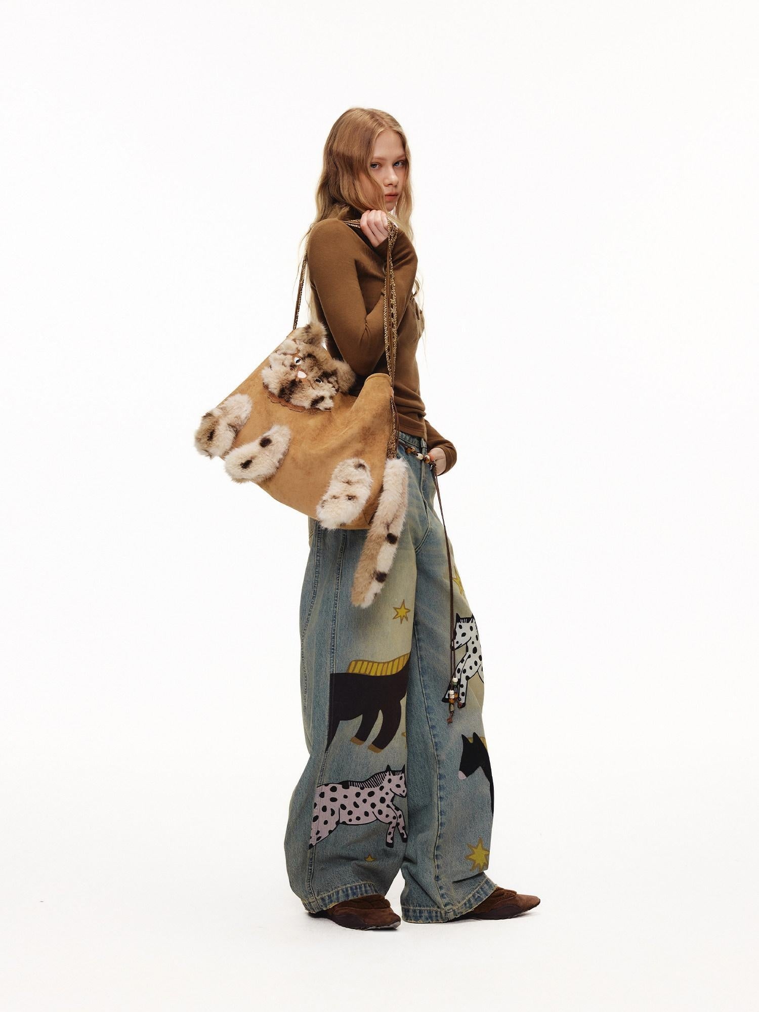 OuttheBlue Cute Edgy Cat Print Square Single Shoulder Women Vintage Pink Khaki Tote Bags