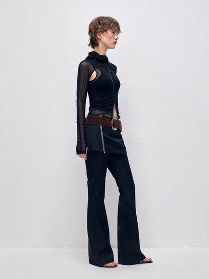 RUN TO THE FUTURE Low Waist Zip Slim Minimal Microflare Women Classic Black Flare Pants