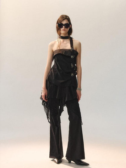 AnnoMundi Stretch Cotton Blend Slim Casual Natural Waist Women Black Straight Pants