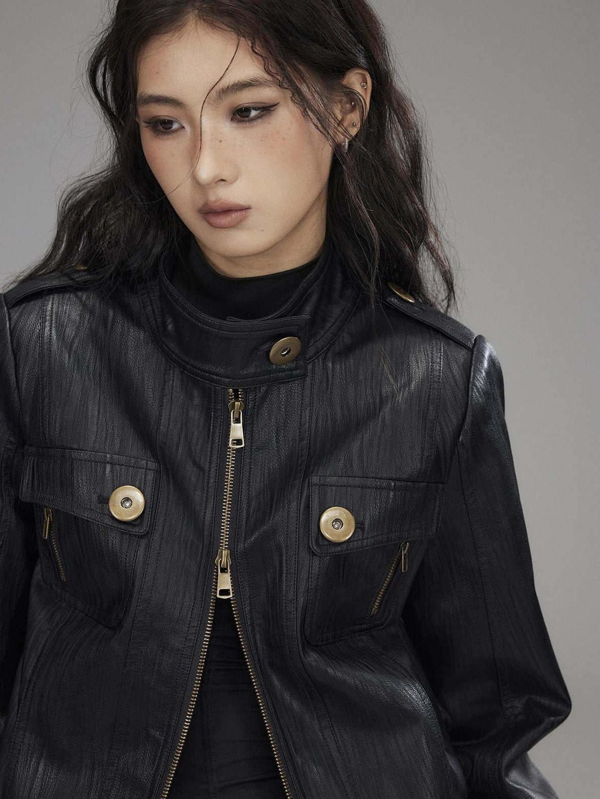 Low pixel Insulated Waist Cinch Workwear Multipocket Lapel Zip Black Women Leather Jackets
