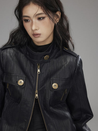 Low pixel Insulated Waist Cinch Workwear Multipocket Lapel Zip Black Women Leather Jackets
