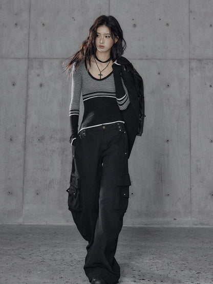 Low pixel Washed Low Rise Wide Leg Utility Loose Fit Womens Black Cargo Pants