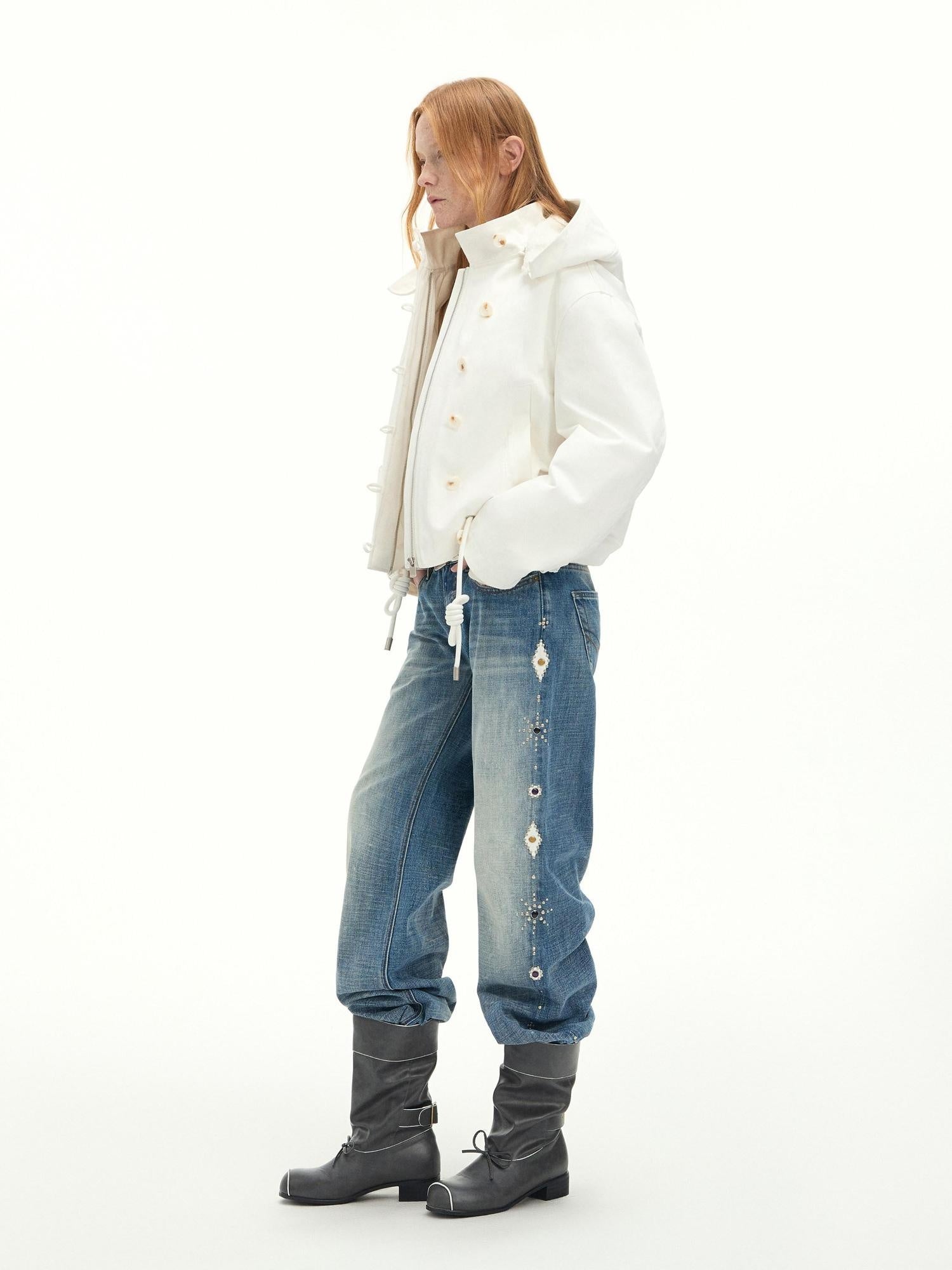 RUN TO THE FUTURE Washed Embroidered Low Rise Straight Cotton Button Fly Women Blue Wide-Leg Jeans
