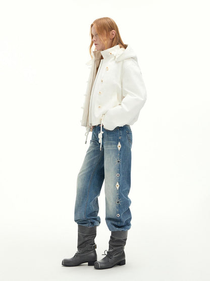 RUN TO THE FUTURE Washed Embroidered Low Rise Straight Cotton Button Fly Women Blue Wide-Leg Jeans