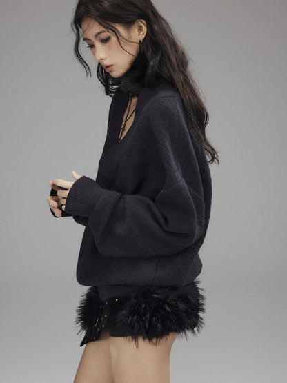 Low pixel Knitted Wool Blend Loose Street Style Women Two Piece Set Navy Mini Shorts