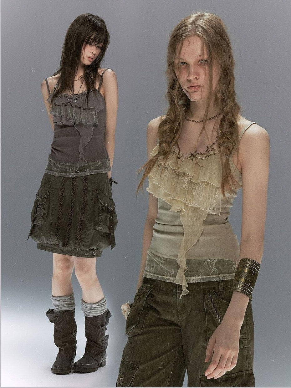 Cest Nous Leaf Tie Dye Beaded Lace V-neck Layered Ruffle Women&