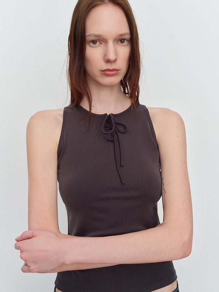 RUN TO THE FUTURE Original Design Tie Detail Slim Fit Modal Blend Women Two Piece Solid Tank Tops