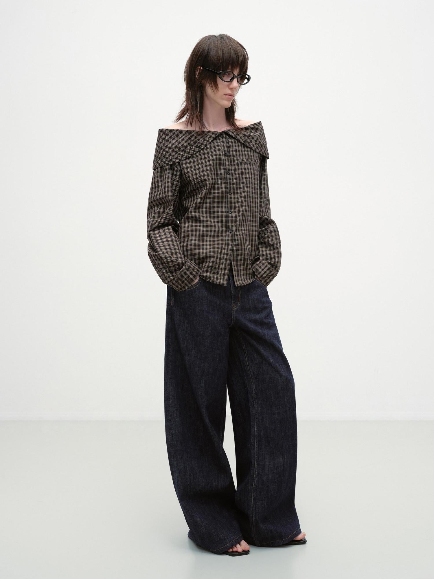 RUN TO THE FUTURE Original Design Breathable Cotton Loose Fit Plaid Bardot Womens Blouses