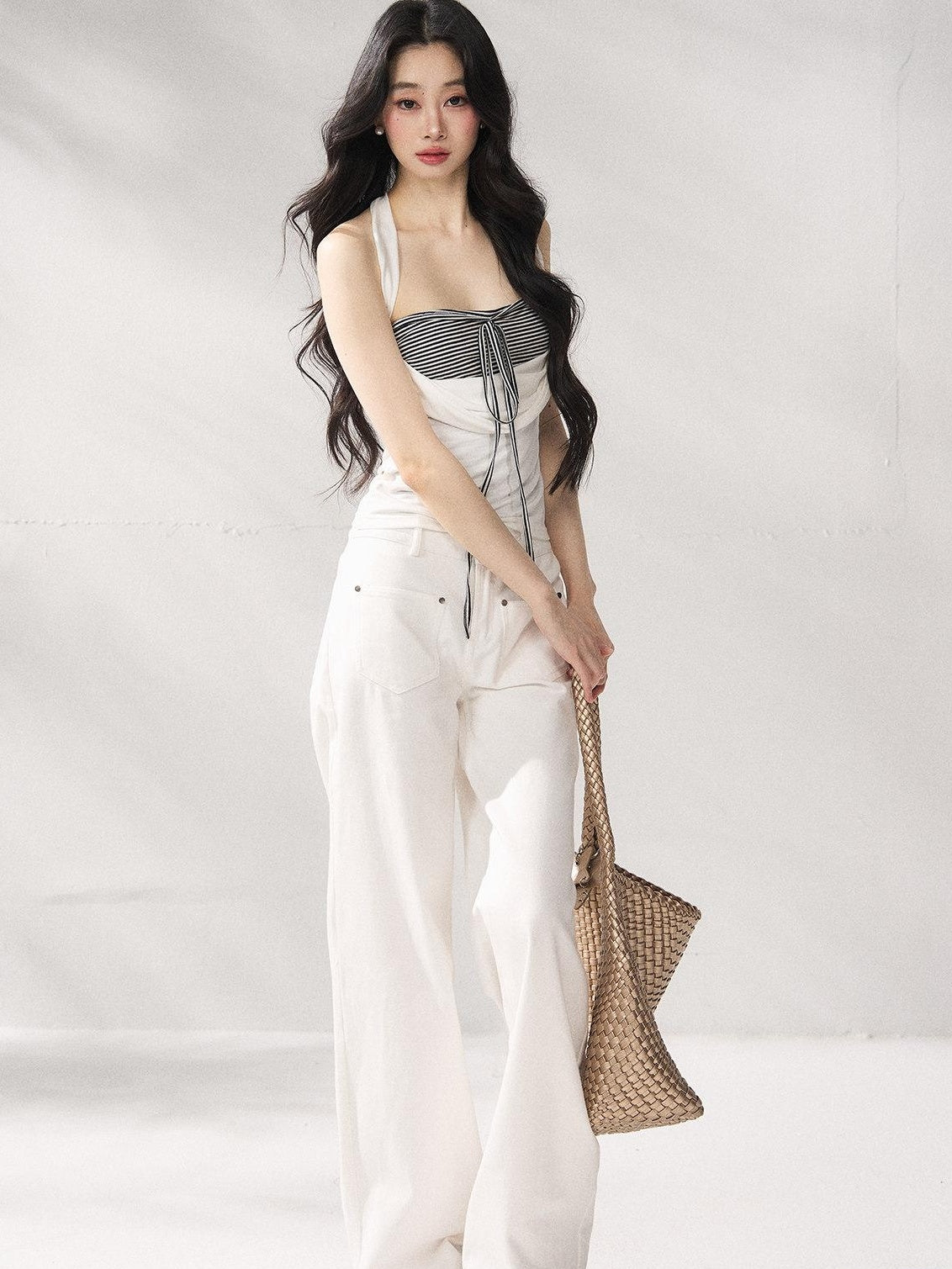 7Shiftin Striped Layered Two Piece Three Quarter Sleeve High Waist Long Sleeve Crop Tops