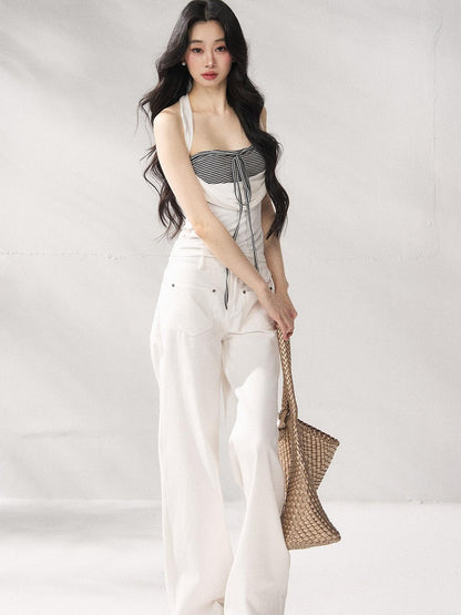 7Shiftin Striped Layered Two Piece Three Quarter Sleeve High Waist Long Sleeve Crop Tops