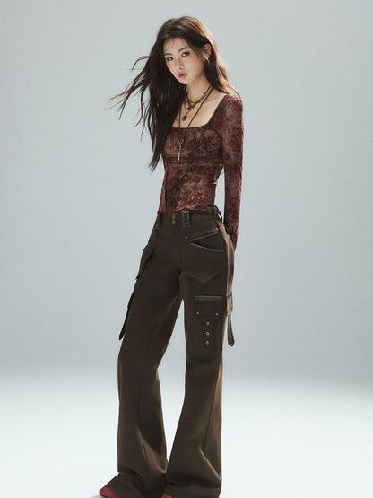 Low pixel Slim Low Rise Cotton Flare Street Style Zipper Brown Women Cargo Pants