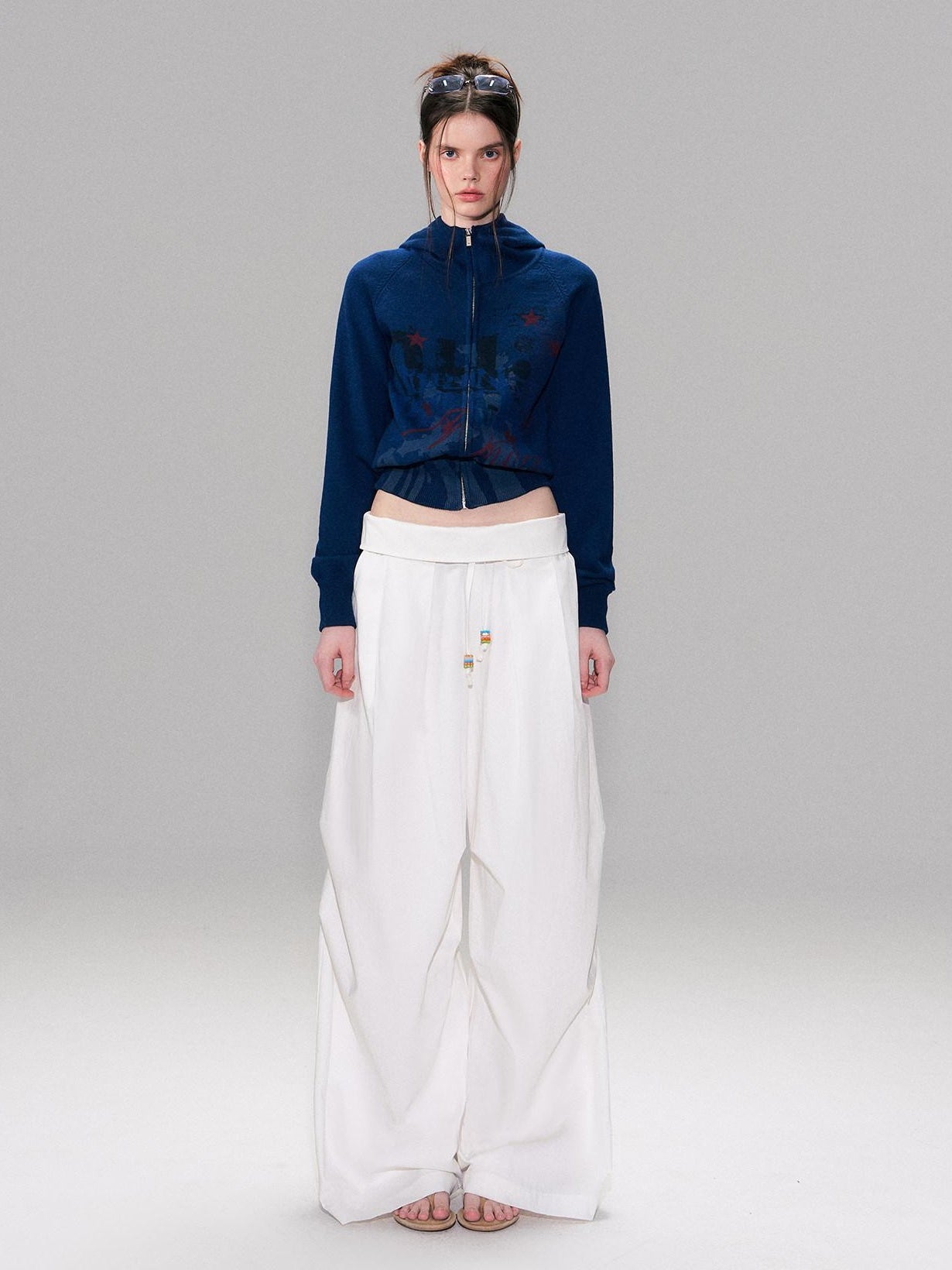 The NeverMore Cotton Blend Vintage Curved Cut Natural Waist Women White Wide Leg Pants