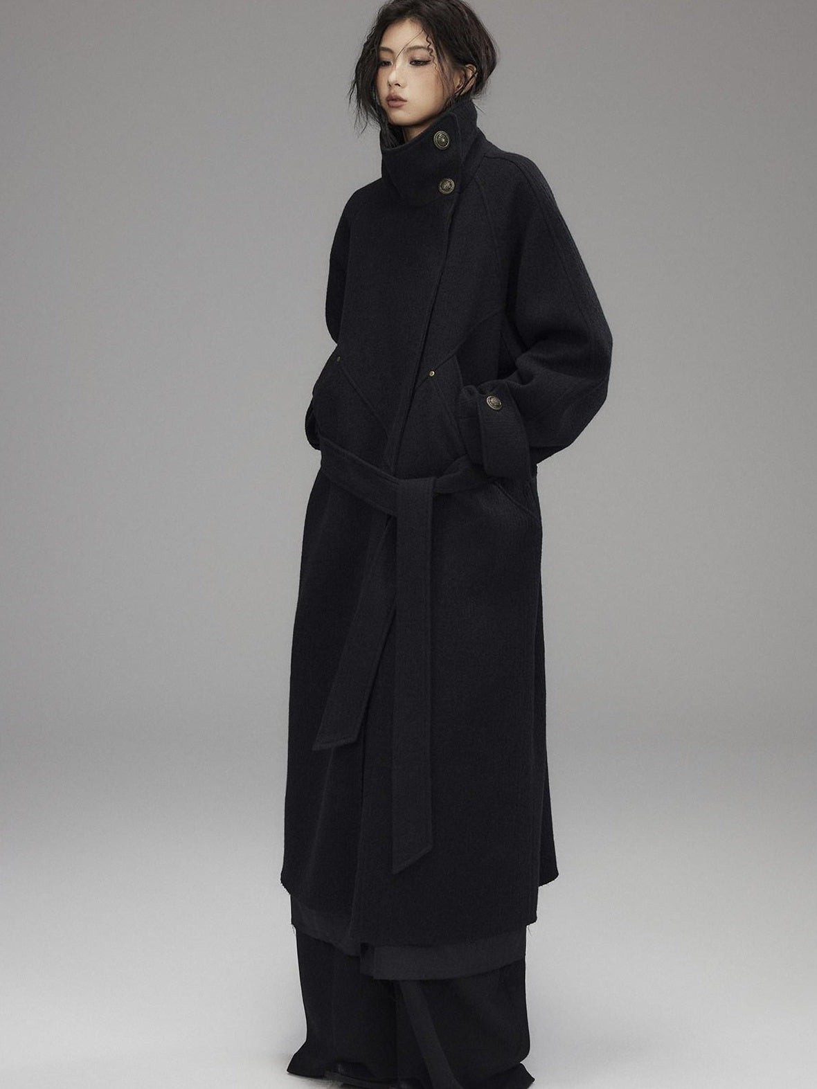 Low pixel Thick Wool Blend Oversized Streetwear European Long Zip Lapel Black Wool Coats