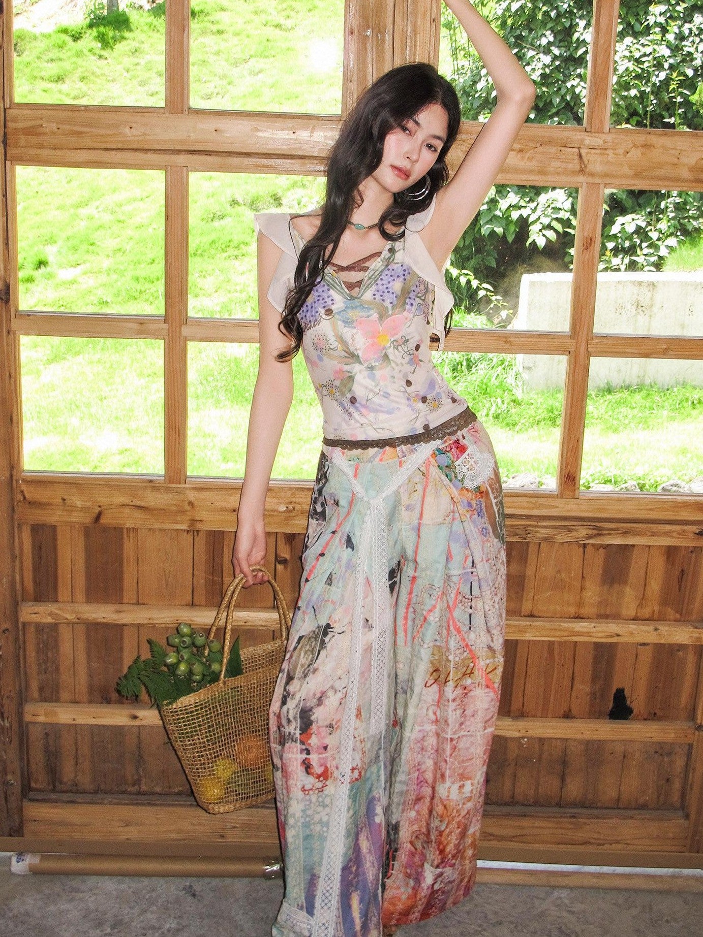OfAkiva Handpainted Floral Ruffle Cross Tie Women&
