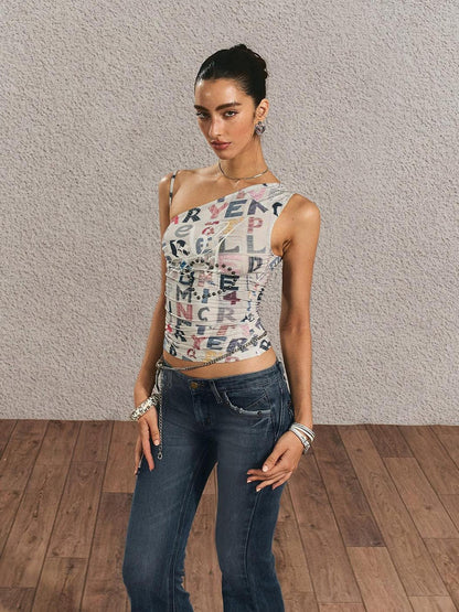 The NeverMore Original Backless Slim Fit Cropped Cotton Women Printed Letter Tank Tops