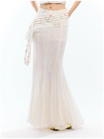 2th Desire High Waist Lyocell Cotton Patchwork Fishtail Tie Waist Women Maxi Skirts