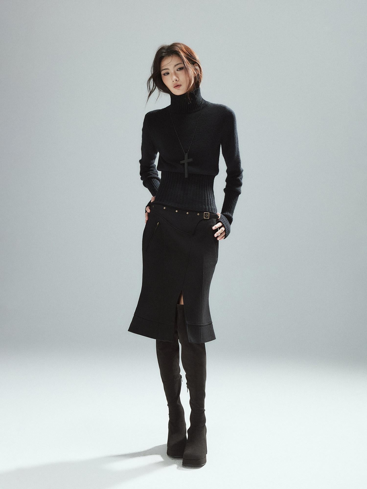 Low pixel Wool Blend Lined Patchwork Hline Slim Low Waist Black Side Zip Midi Skirts