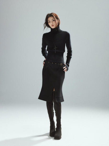 Low pixel Wool Blend Lined Patchwork Hline Slim Low Waist Black Side Zip Midi Skirts