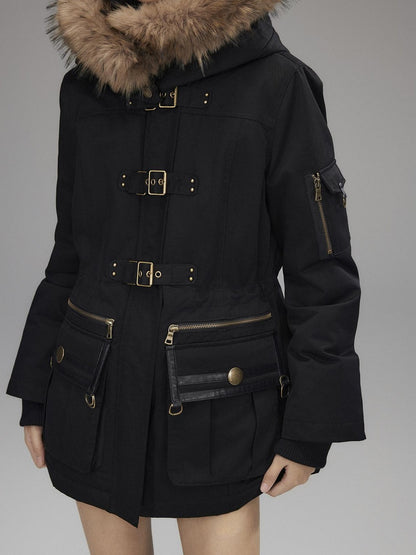 Low pixel Warm Cotton Utility Cinched Waist Multi Pocket Hooded Women Black Puffer Jackets