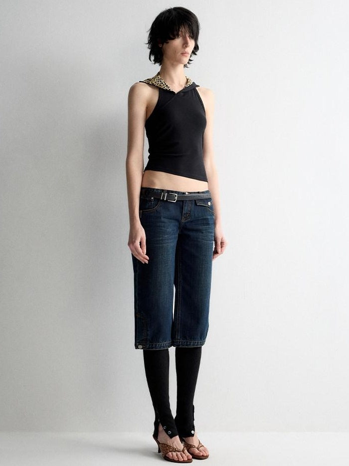 RUN TO THE FUTURE Durable Vintage Deep Blue Casual Low Rise Straight Fit Zipper Denim Shorts