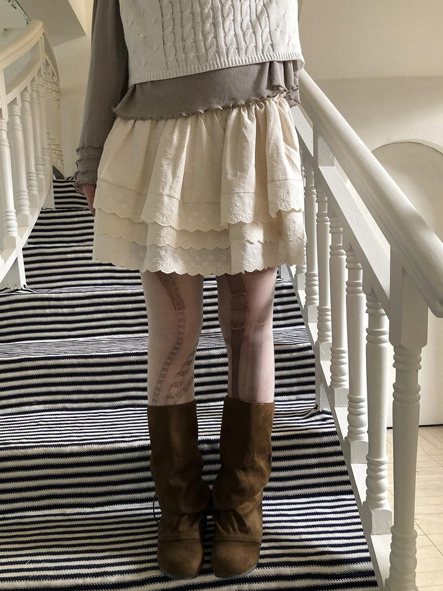 ang project Light Apricot Lace Spliced Embroidered High Waist Elastic A Line Women&