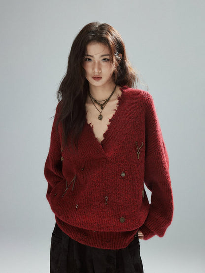 Low pixel Warm Oversized Street Raw Hem Women V-neck Red Pullover Sweaters