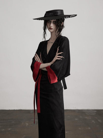 INDULGE Gothic V-neck Viscose Flared Loose Casual Womens Black Trench Coats