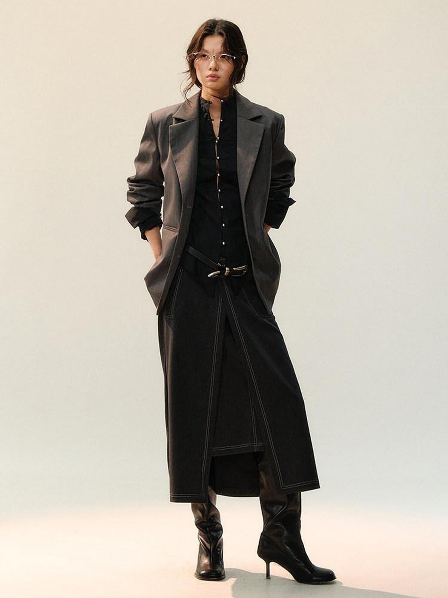 AnnoMundi Waist Cinch Fitted Casual Long Sleeve Stand Collar Cotton Blend Women Blouses