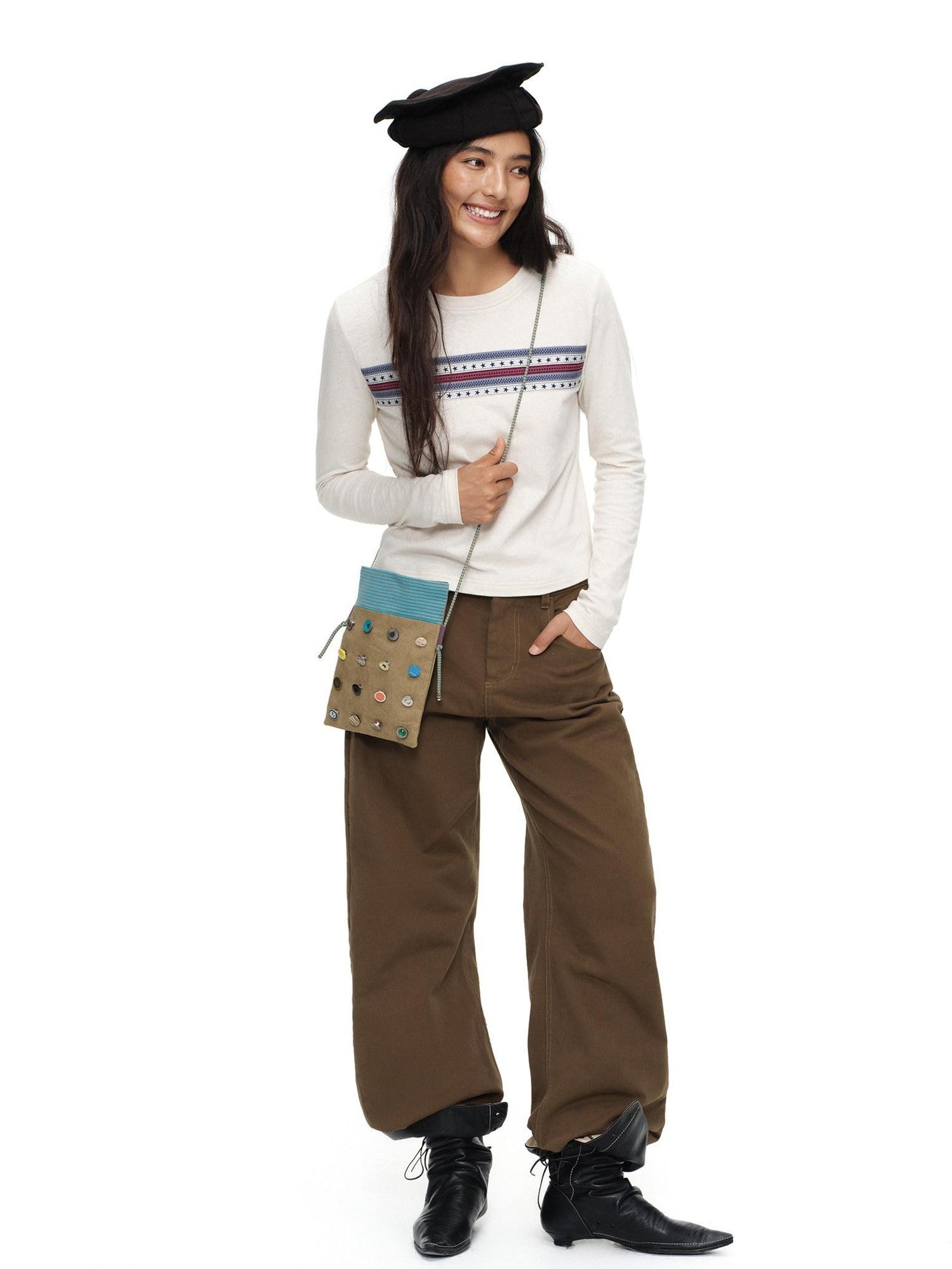 oinimi Khaki Stripe Button Badge Studded Square Women&