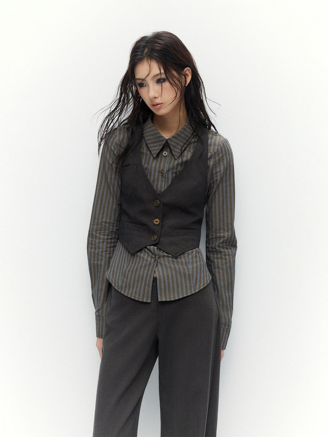Low pixel Breathable Cotton Vintage Fitted Striped Button Long Sleeve Women Shirts