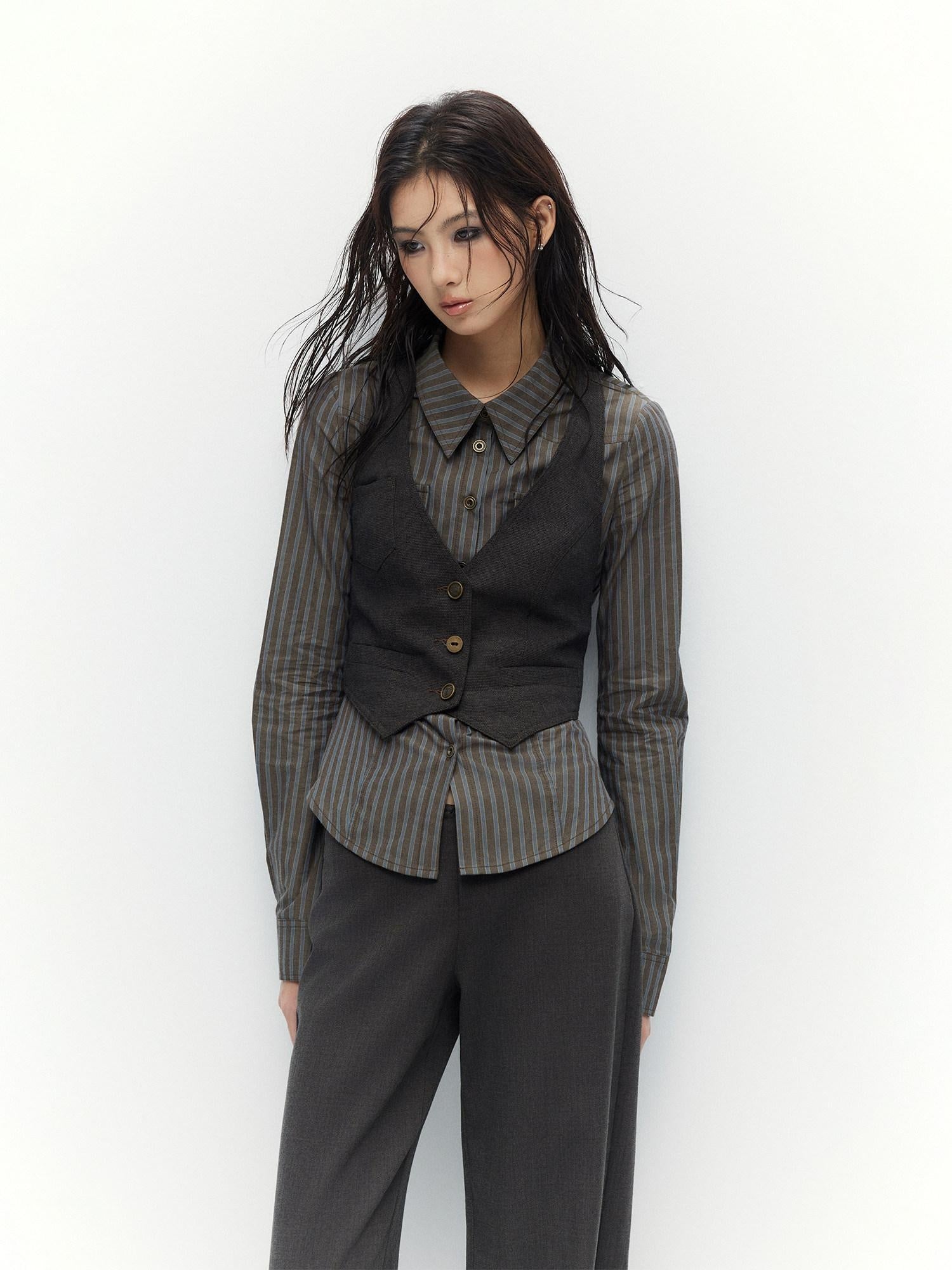 Low pixel Breathable Cotton Vintage Fitted Striped Button Long Sleeve Women Shirts