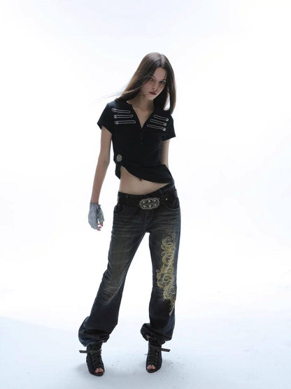 DoublePunch Baroque Print Distressed Micro Flare Women&