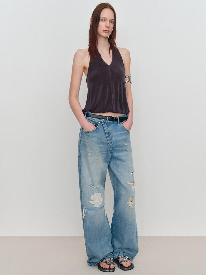 RUN TO THE FUTURE Durable Distressed Low Rise Loose Fit Casual Light Blue Denim Wide-Leg Jeans