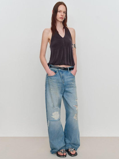 RUN TO THE FUTURE Durable Distressed Low Rise Loose Fit Casual Light Blue Denim Wide-Leg Jeans