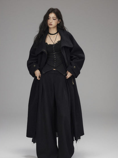 Low pixel Black Wool Blend Low Rise Zipper Casual Straight Hem Women Wide Leg Pants